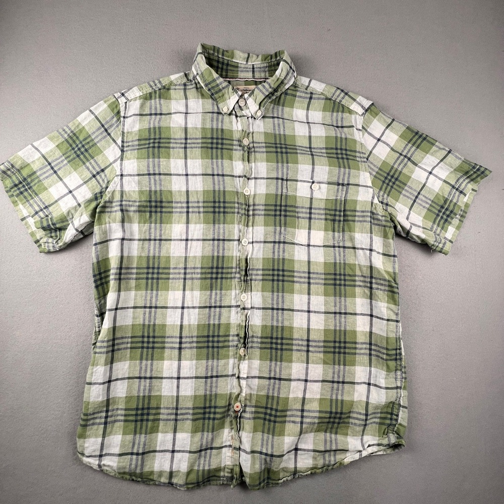 Weatherproof Vintage Plaid Shirt Mens XL Green Linen Blend Short Sleeve Casual